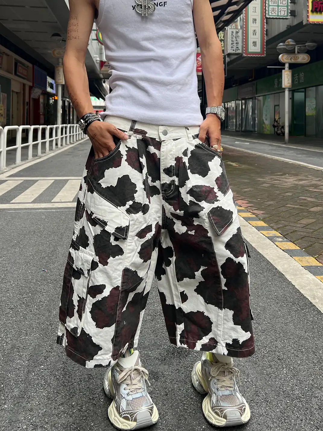 YIZILINGF | Cow Pattern Denim Capri Pants