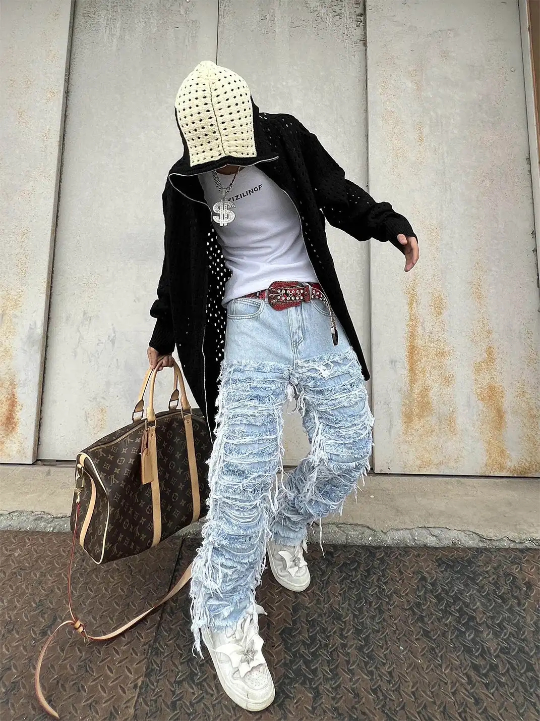 YIZILINGF | Washed Heavy-Duty Fringe Jeans