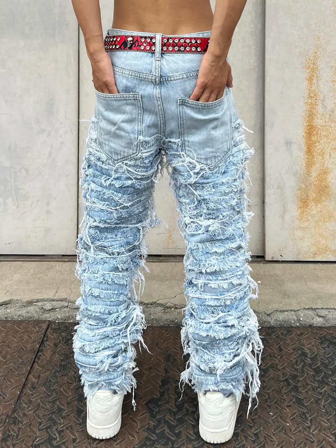YIZILINGF | Washed Heavy-Duty Fringe Jeans