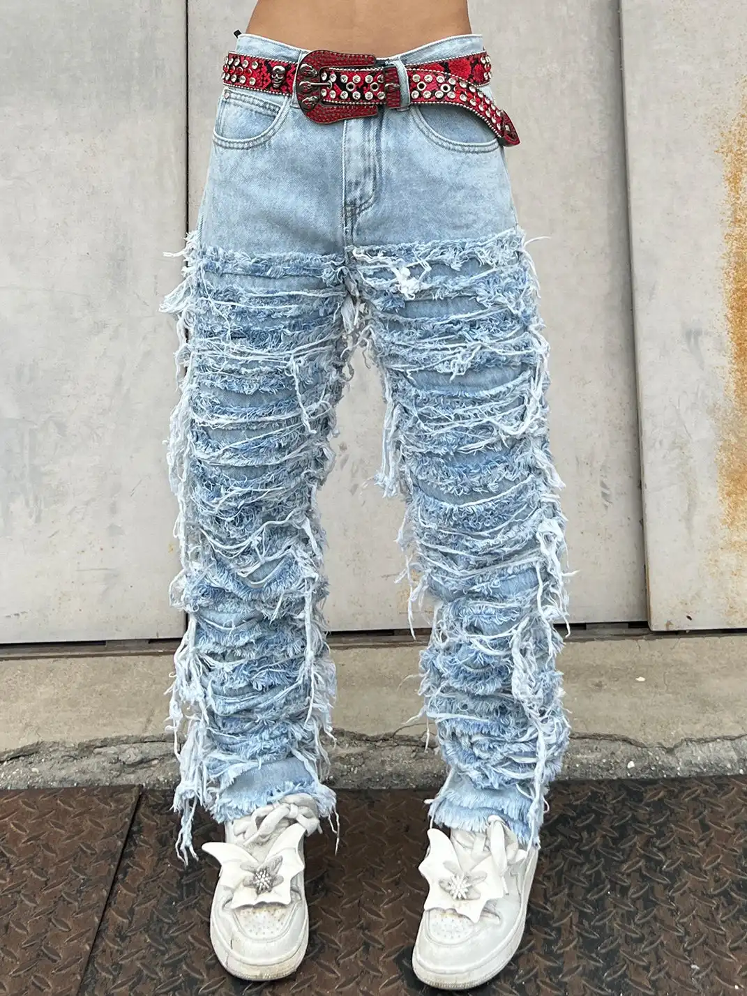 YIZILINGF | Washed Heavy-Duty Fringe Jeans