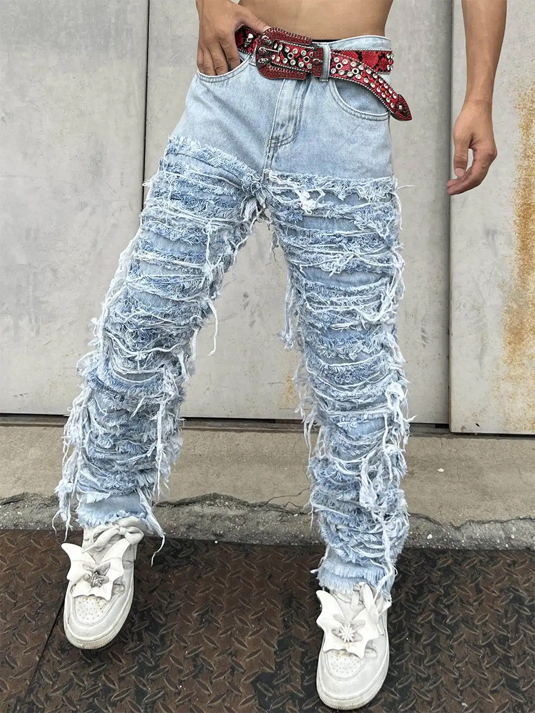 YIZILINGF | Washed Heavy-Duty Fringe Jeans