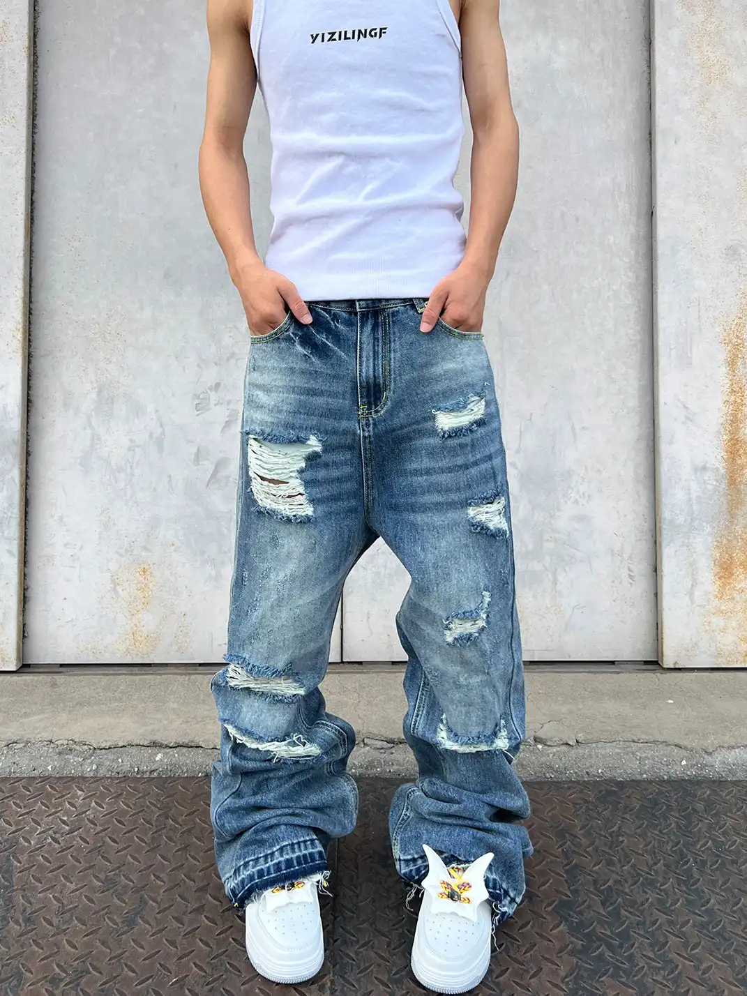 YIZILINGF | Ripped Washed Denim Jeans