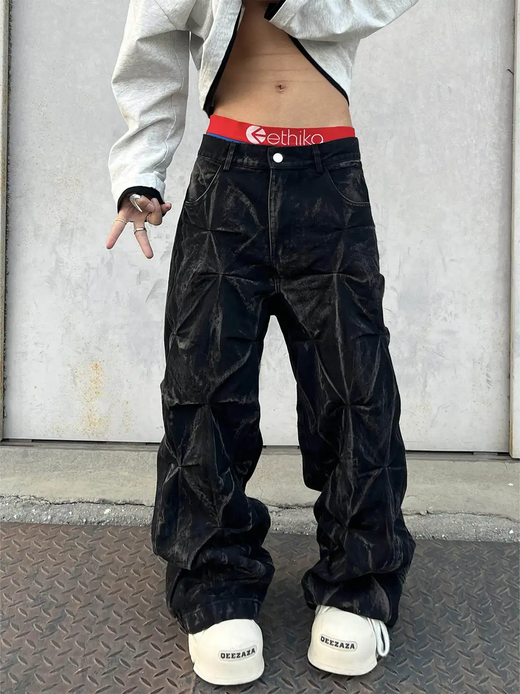 YIZILINGF | Pleated Waxed Jeans
