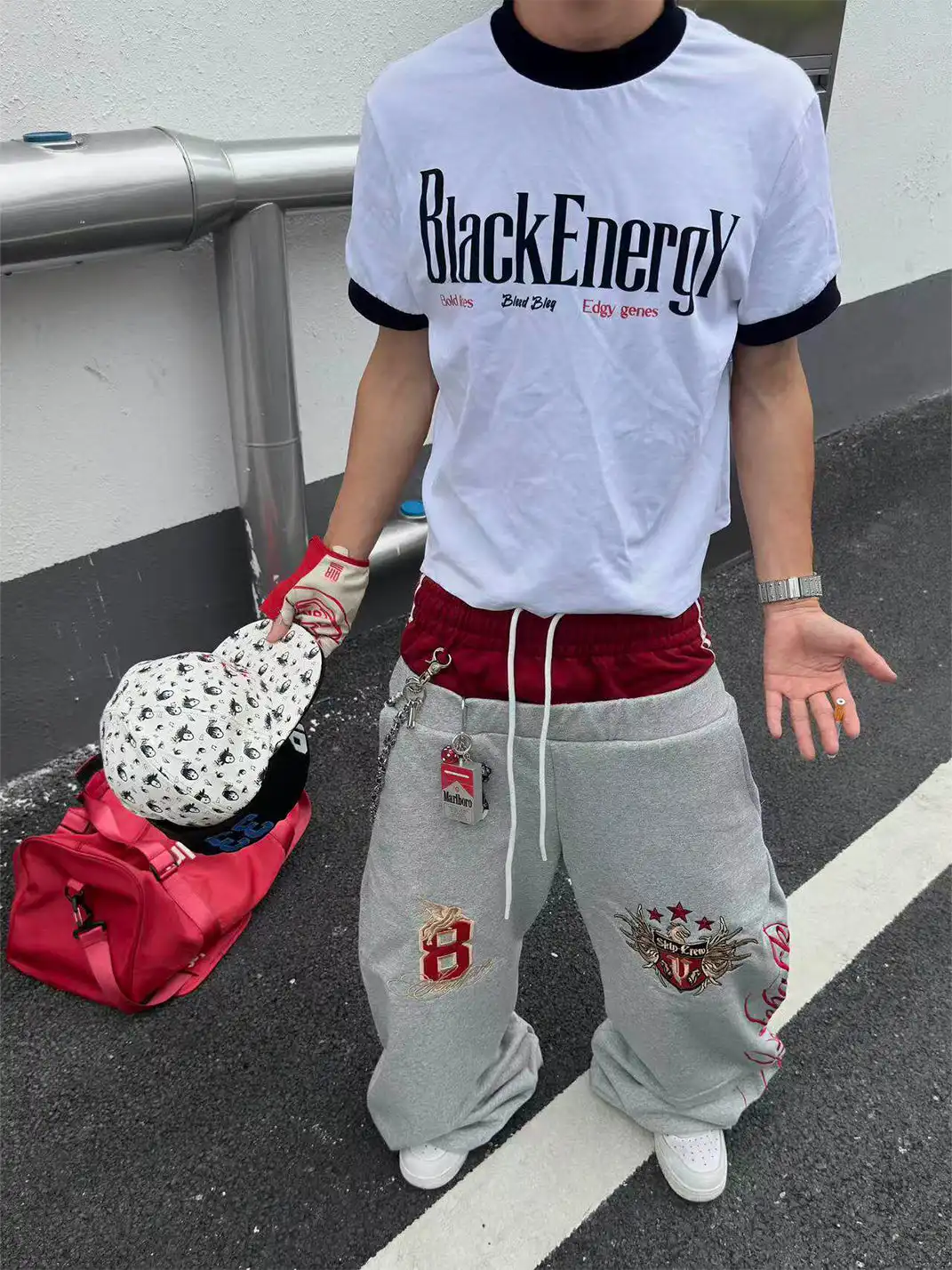 YIZILINGF | Double Waist Spliced Badge Embroidered Sweatpants