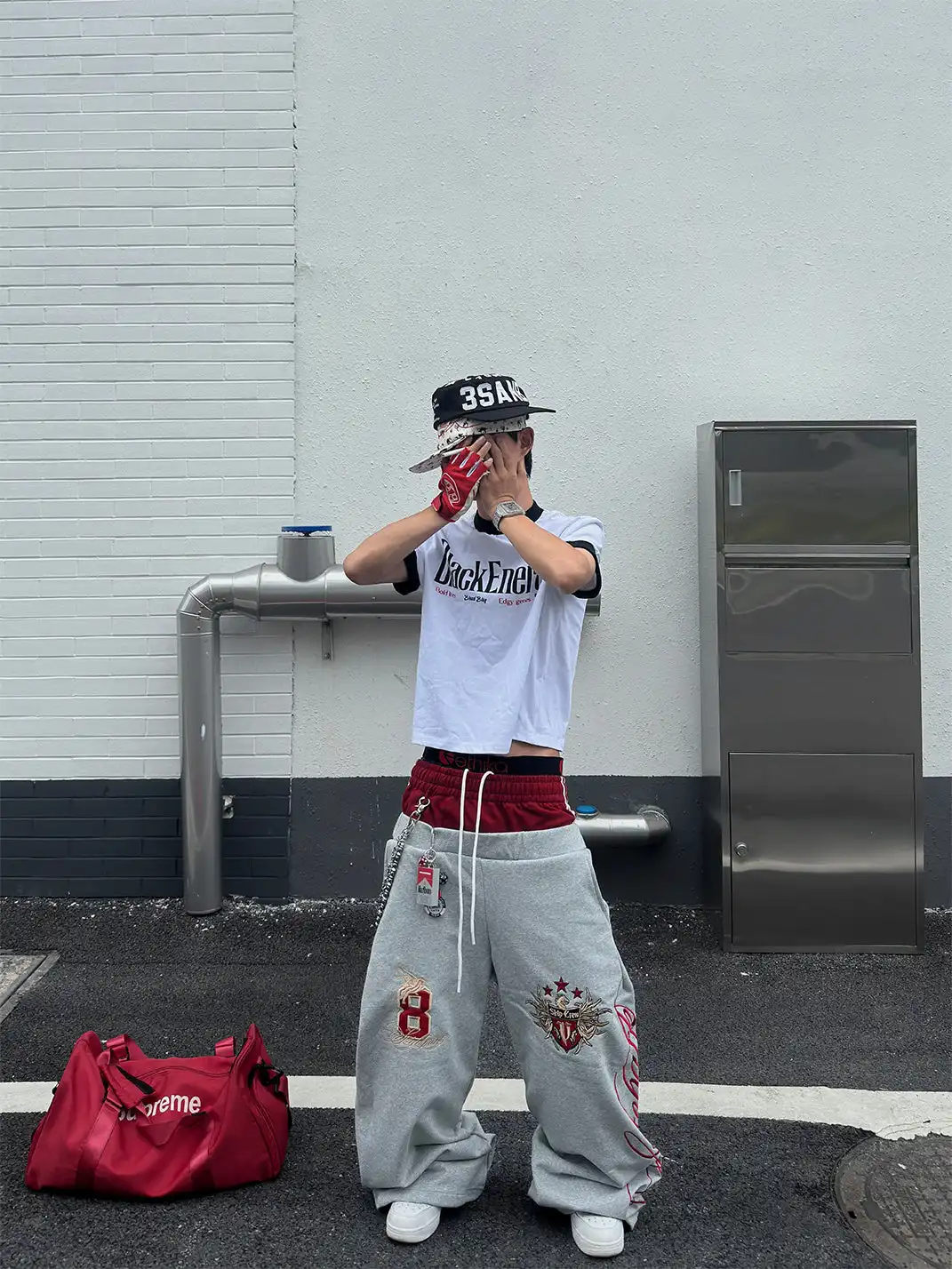 YIZILINGF | Double Waist Spliced Badge Embroidered Sweatpants