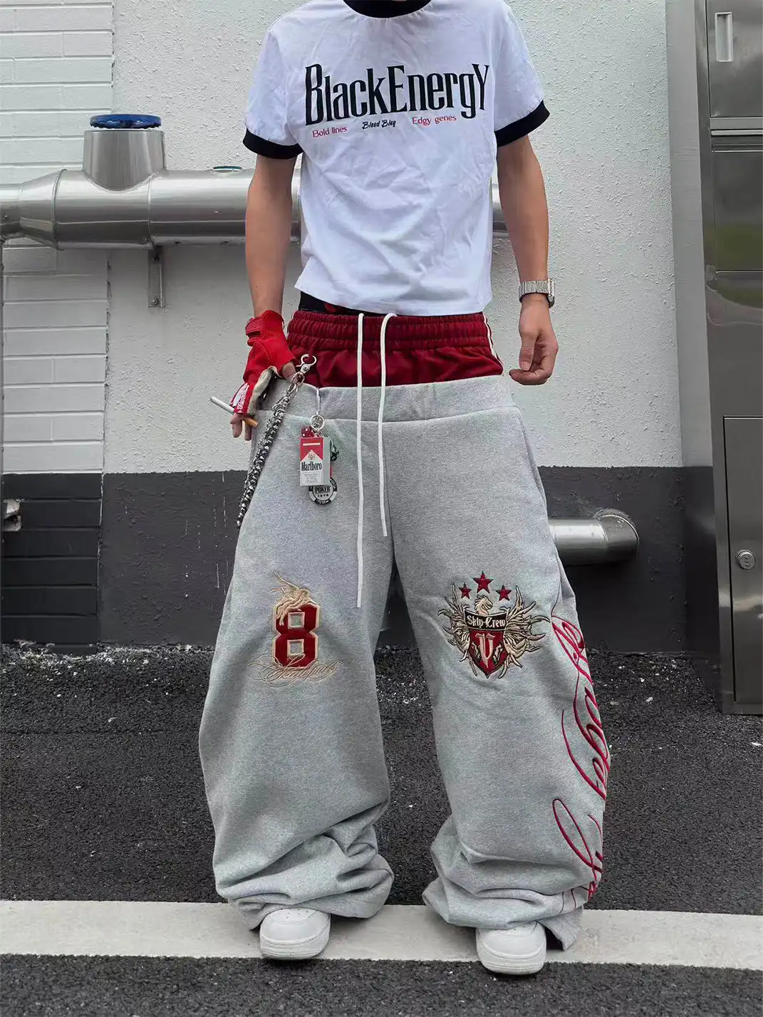 YIZILINGF | Double Waist Spliced Badge Embroidered Sweatpants