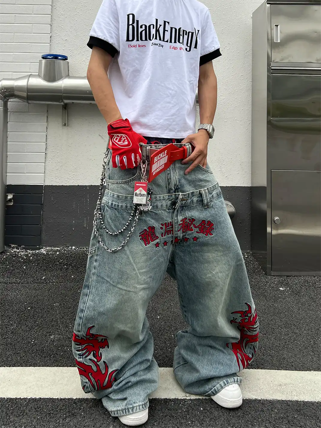 YIZILINGF | Dragon Embroidered Double Waist Jeans