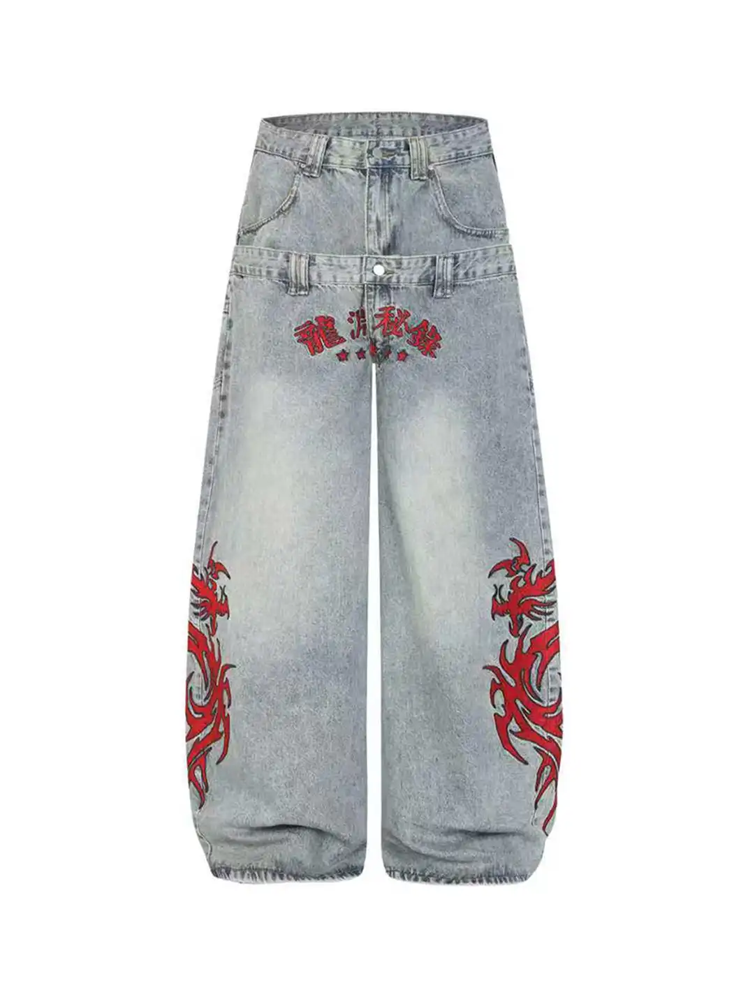 YIZILINGF | Dragon Embroidered Double Waist Jeans