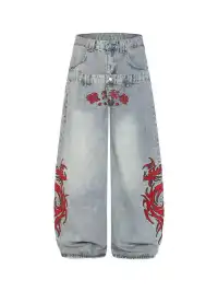 YIZILINGF | Dragon Embroidered Double Waist Jeans