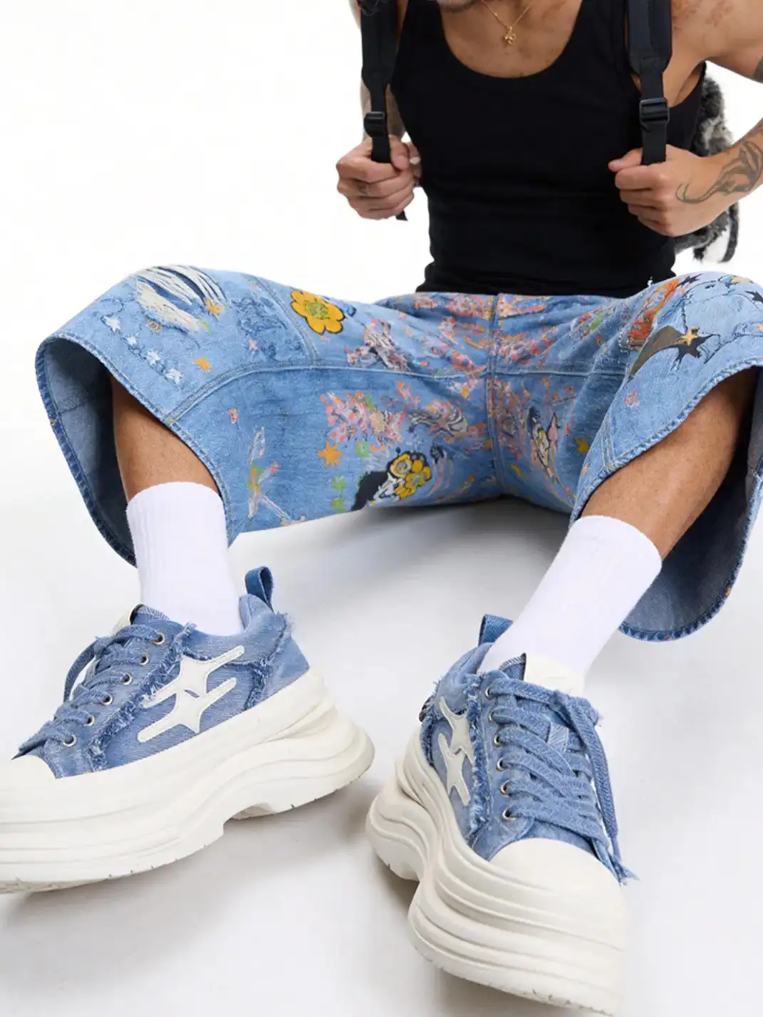 KILLWINNER | 7cm Height-Increasing Raw Edge Canvas Sneakers-Blue