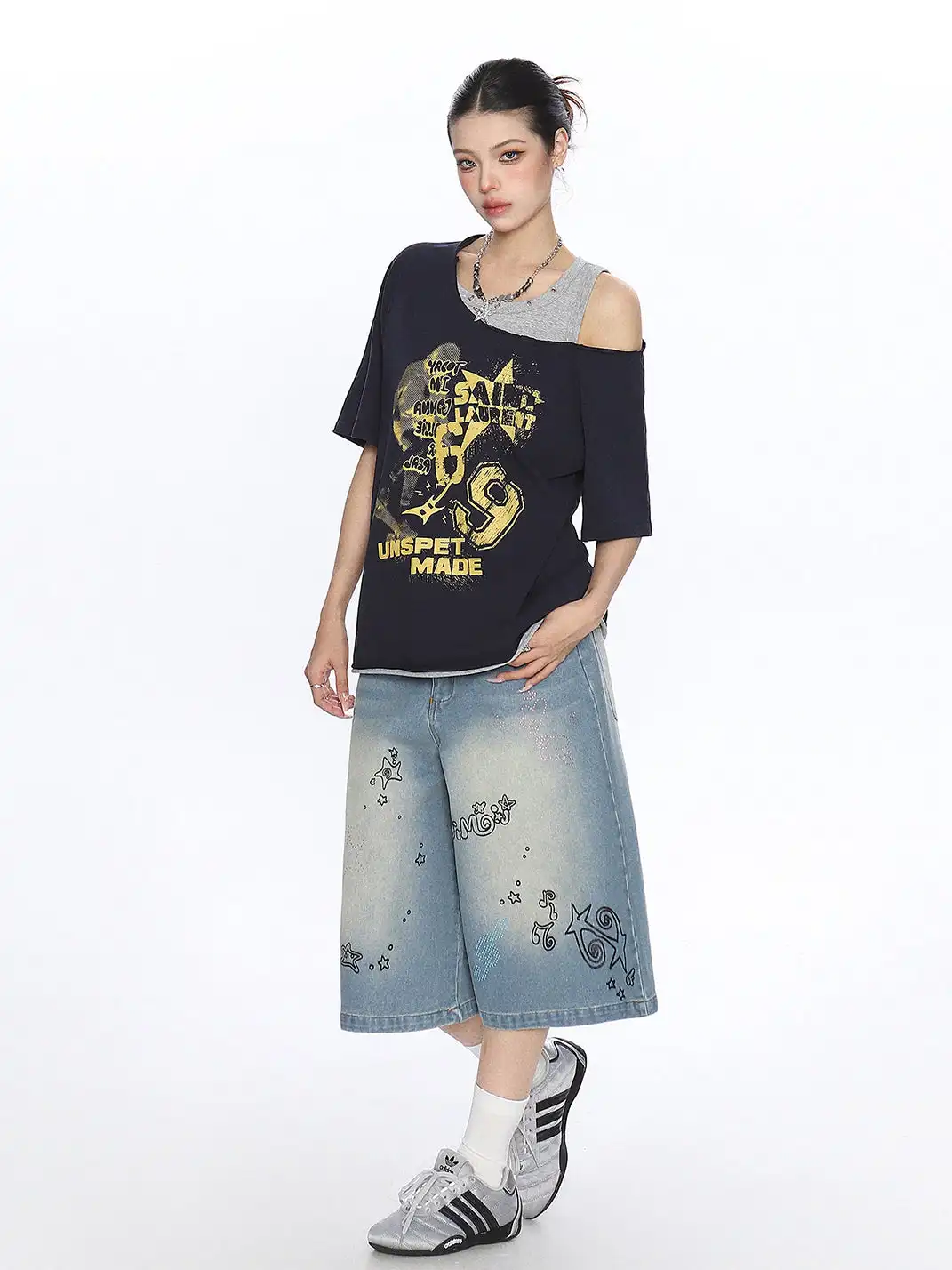 BIGGOLD | Graffiti Printed Fake Two-Piece Off-Shoulder T-Shirt