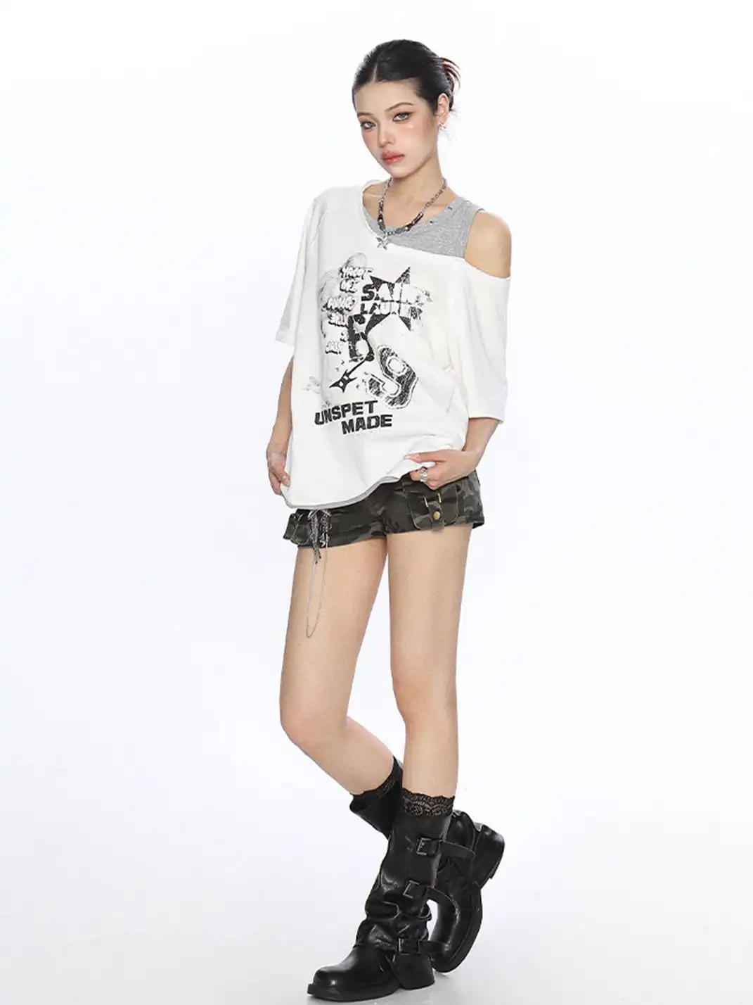 BIGGOLD | Graffiti Printed Fake Two-Piece Off-Shoulder T-Shirt