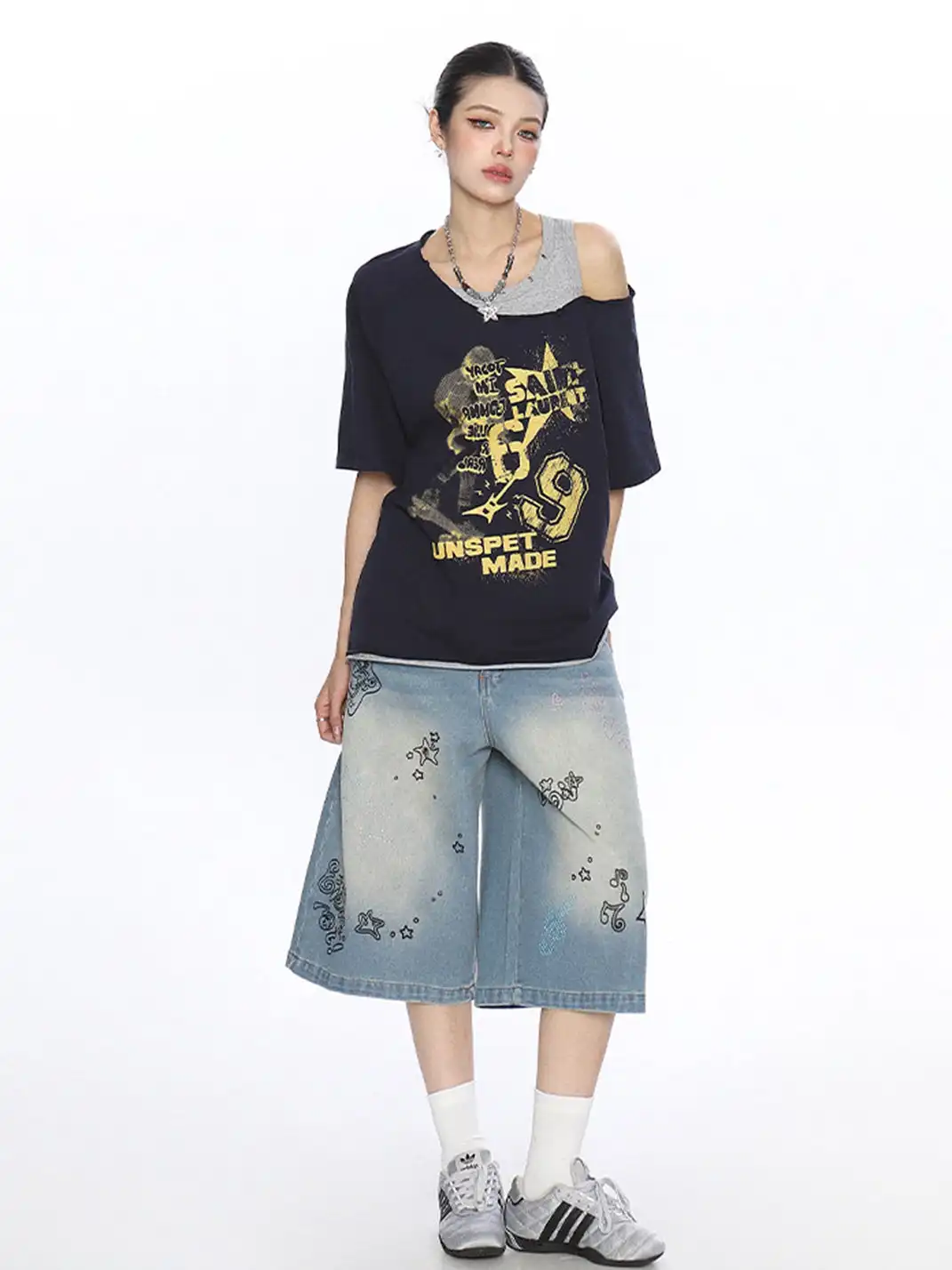 BIGGOLD | Graffiti Printed Fake Two-Piece Off-Shoulder T-Shirt