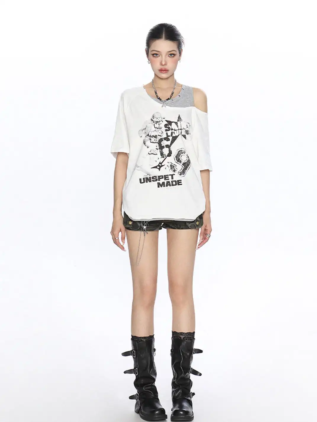 BIGGOLD | Graffiti Printed Fake Two-Piece Off-Shoulder T-Shirt