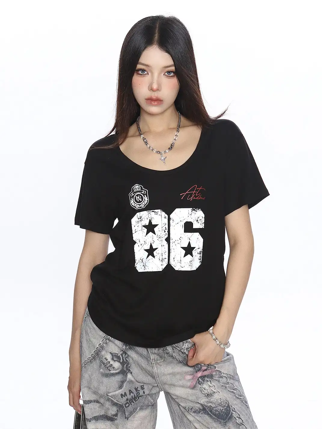 BIGGOLD | Letter Printed U-Neck T-Shirt
