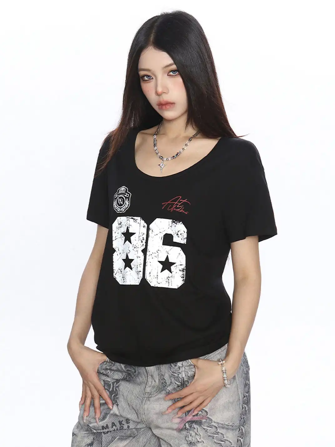 BIGGOLD | Letter Printed U-Neck T-Shirt