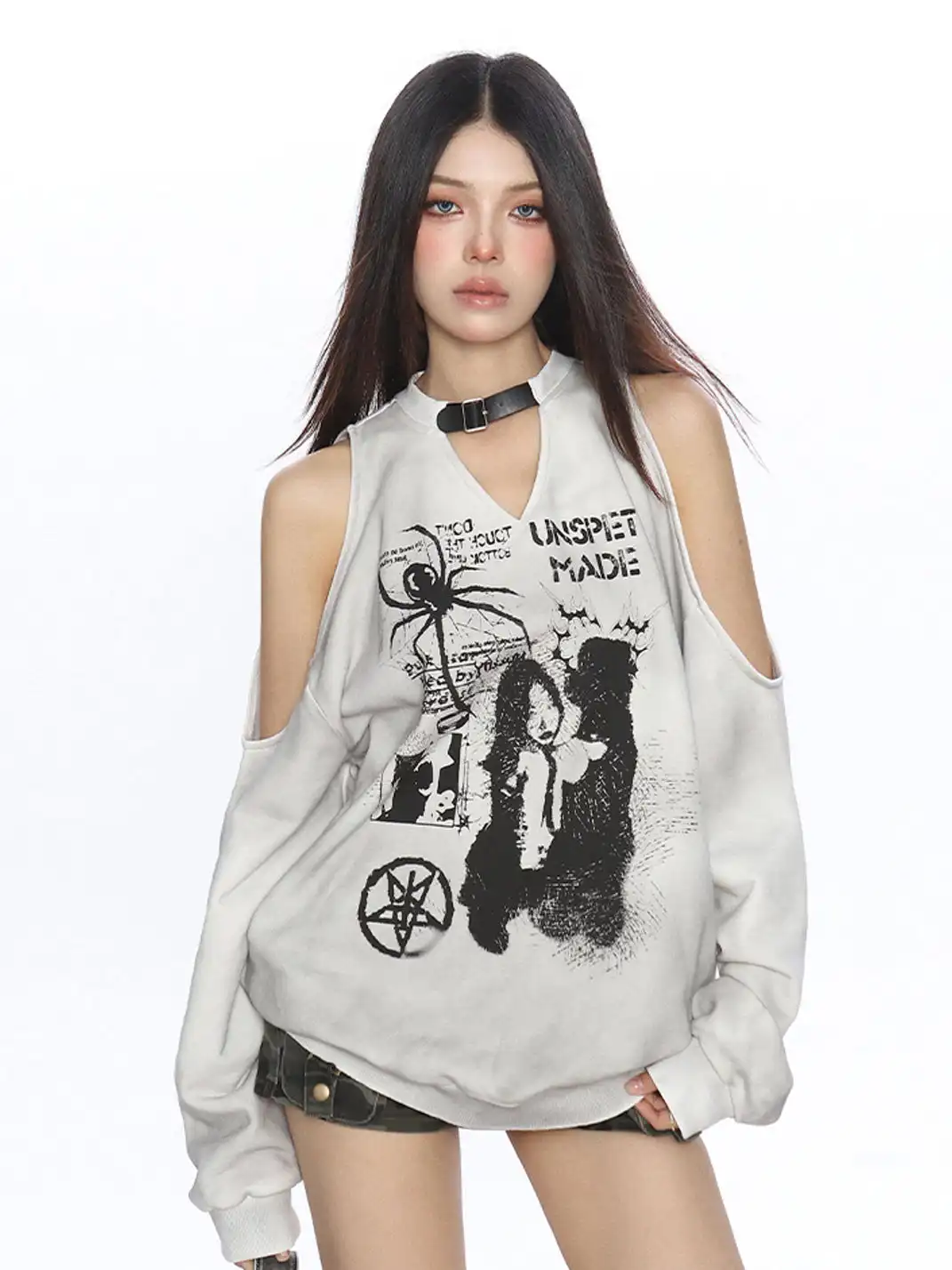BIGGOLD | Spider Graffiti Off-Shoulder Long Sleeve Top