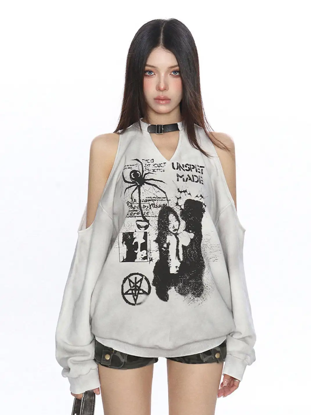BIGGOLD | Spider Graffiti Off-Shoulder Long Sleeve Top
