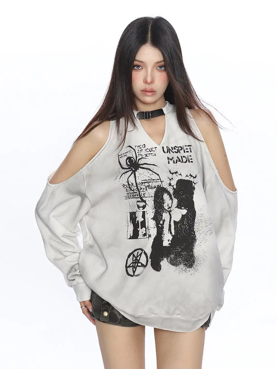 BIGGOLD | Spider Graffiti Off-Shoulder Long Sleeve Top