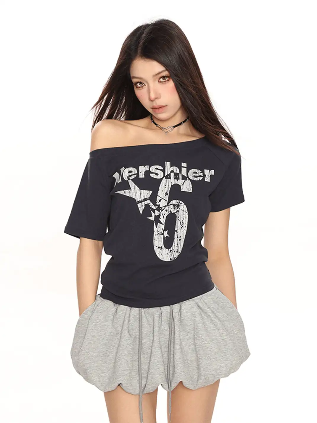 BIGGOLD | Asymmetrical Shoulder Letter Print T-Shirt