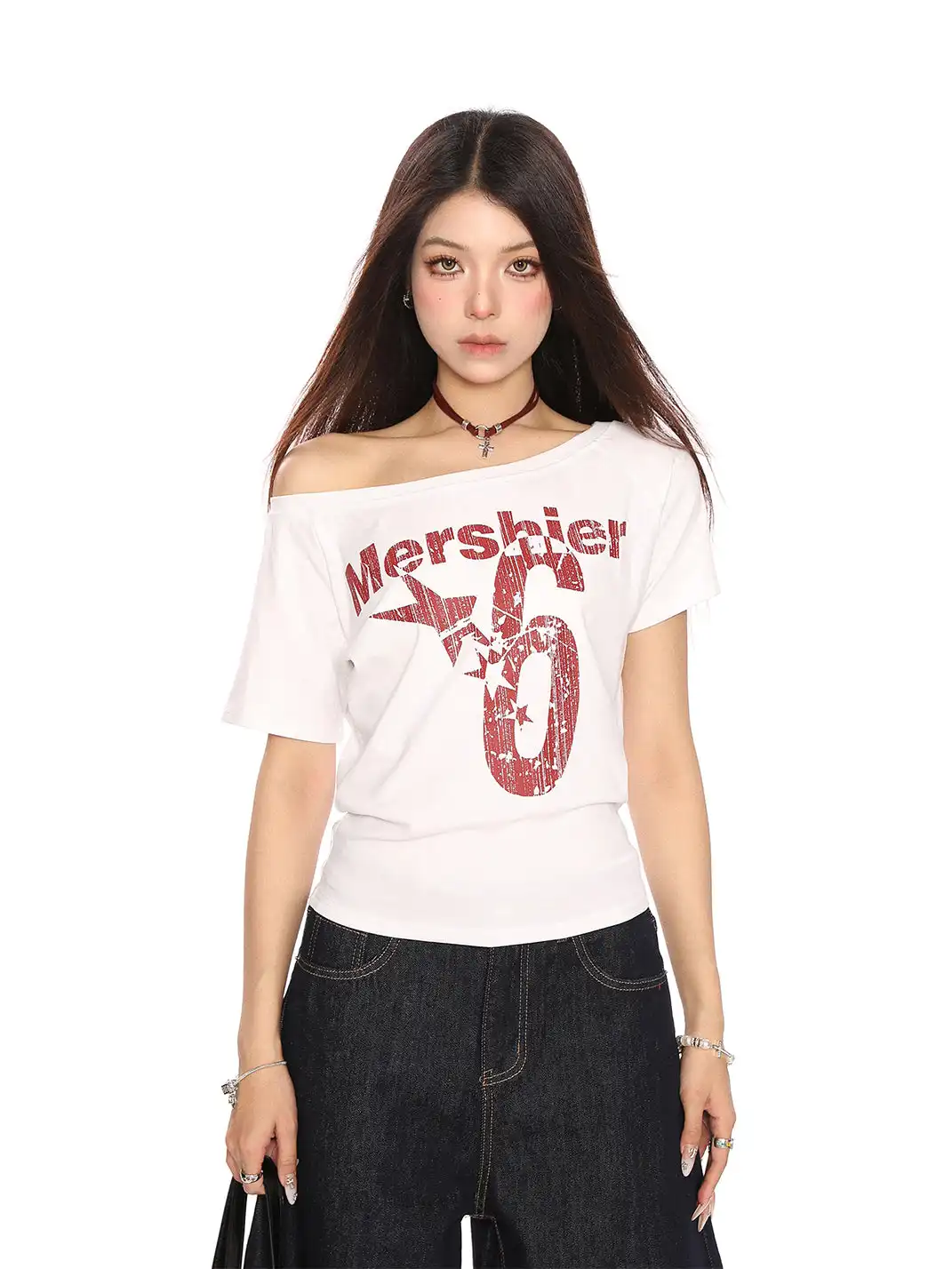 BIGGOLD | Asymmetrical Shoulder Letter Print T-Shirt