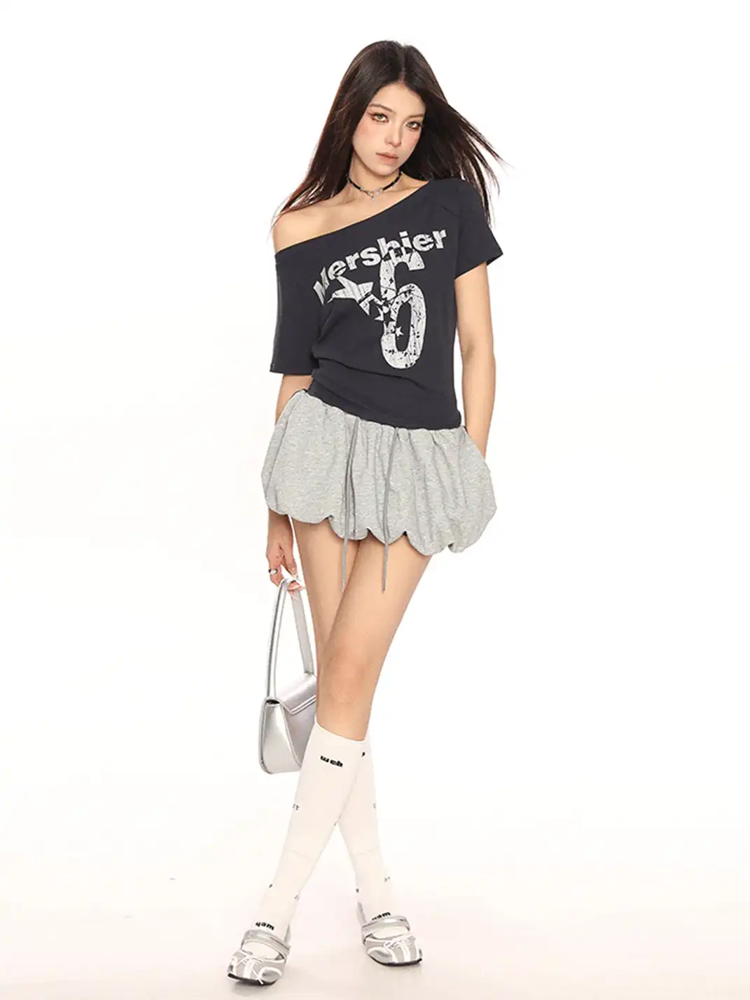 BIGGOLD | Asymmetrical Shoulder Letter Print T-Shirt