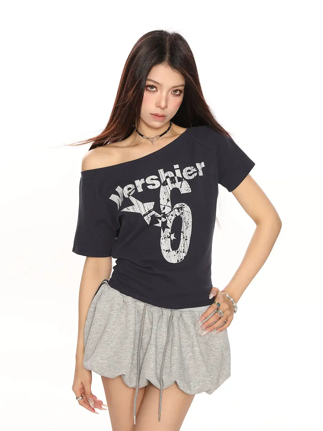 BIGGOLD | Asymmetrical Shoulder Letter Print T-Shirt