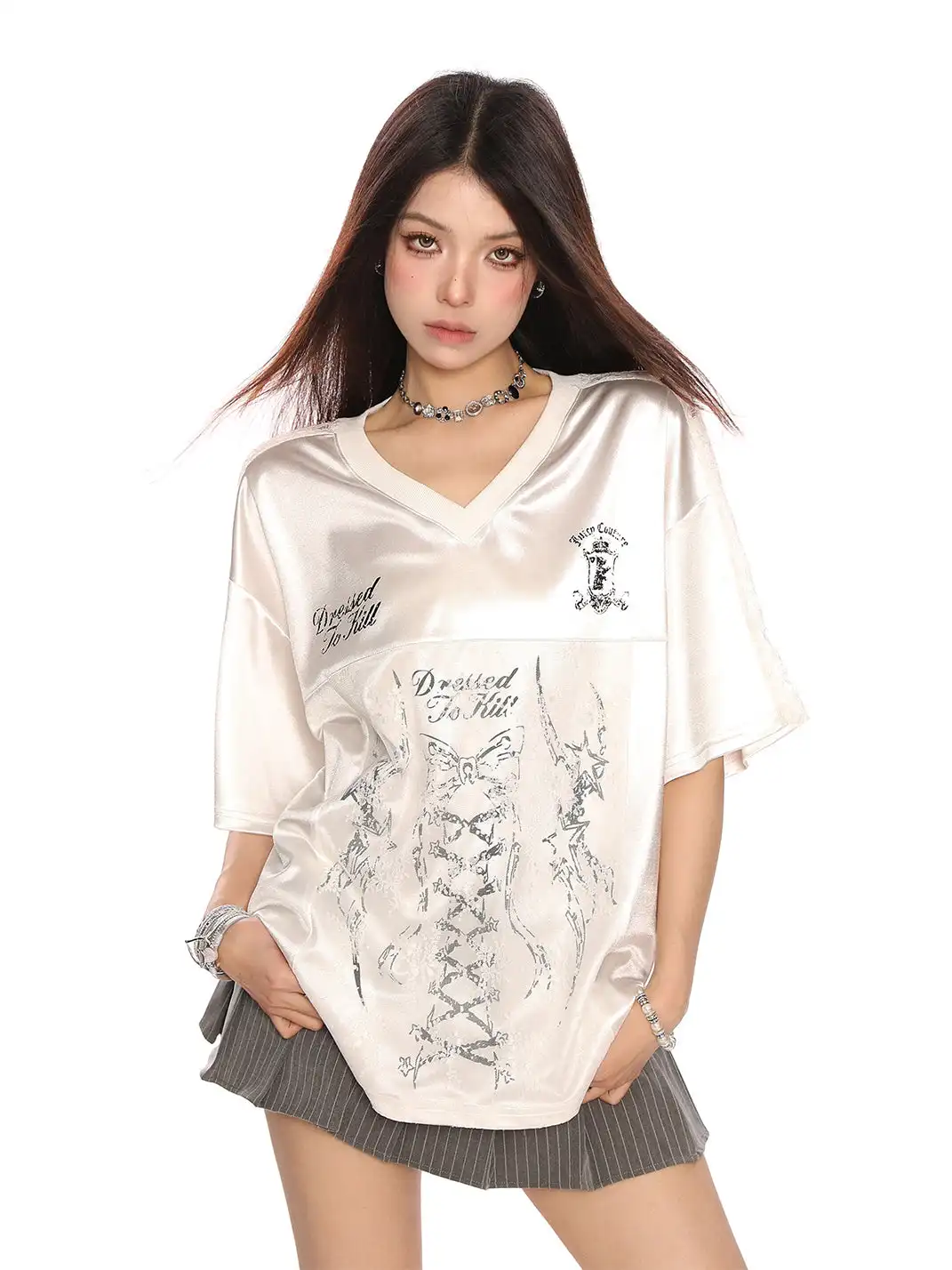 BIGGOLD | V-Neck Satin Butterfly Lace Panel T-Shirt