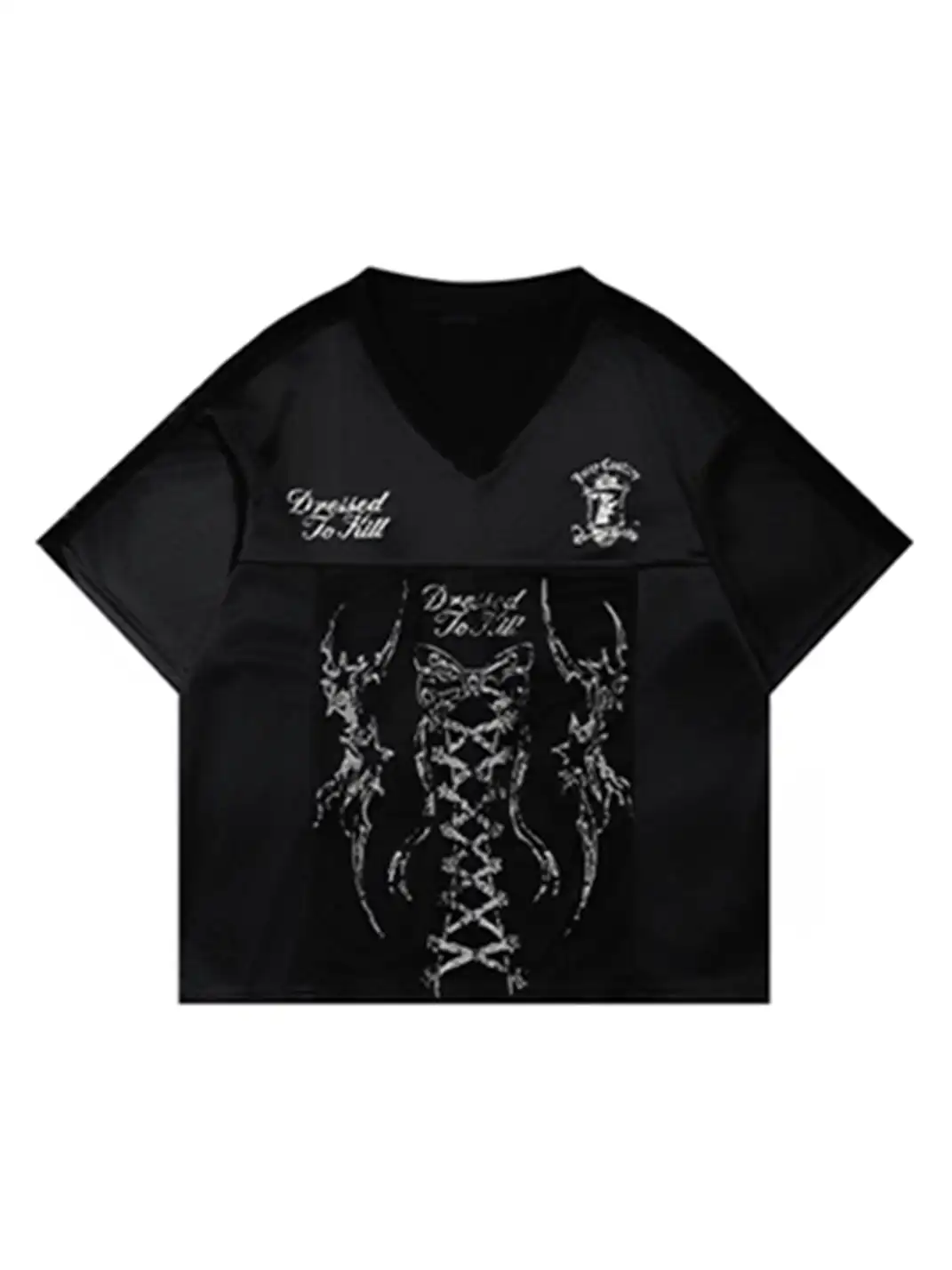BIGGOLD | V-Neck Satin Butterfly Lace Panel T-Shirt