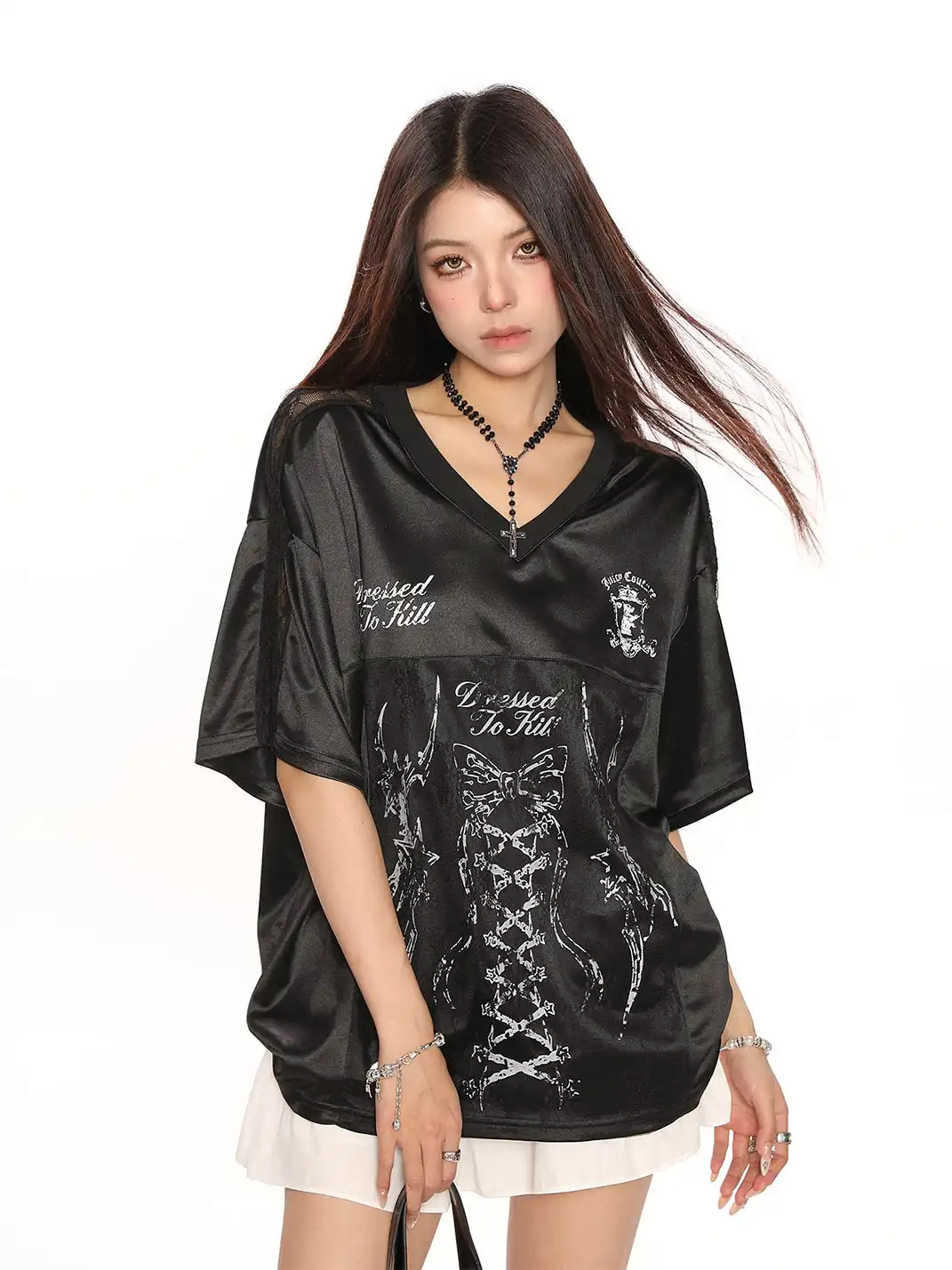 BIGGOLD | V-Neck Satin Butterfly Lace Panel T-Shirt