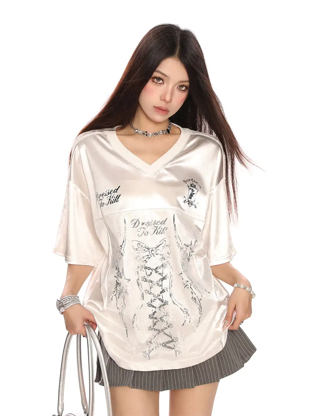 BIGGOLD | V-Neck Satin Butterfly Lace Panel T-Shirt