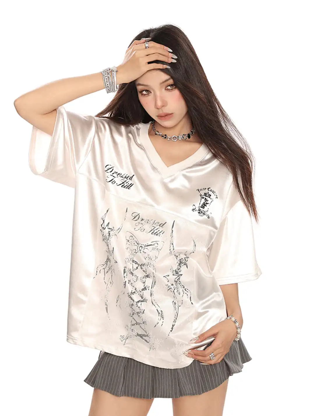 BIGGOLD | V-Neck Satin Butterfly Lace Panel T-Shirt