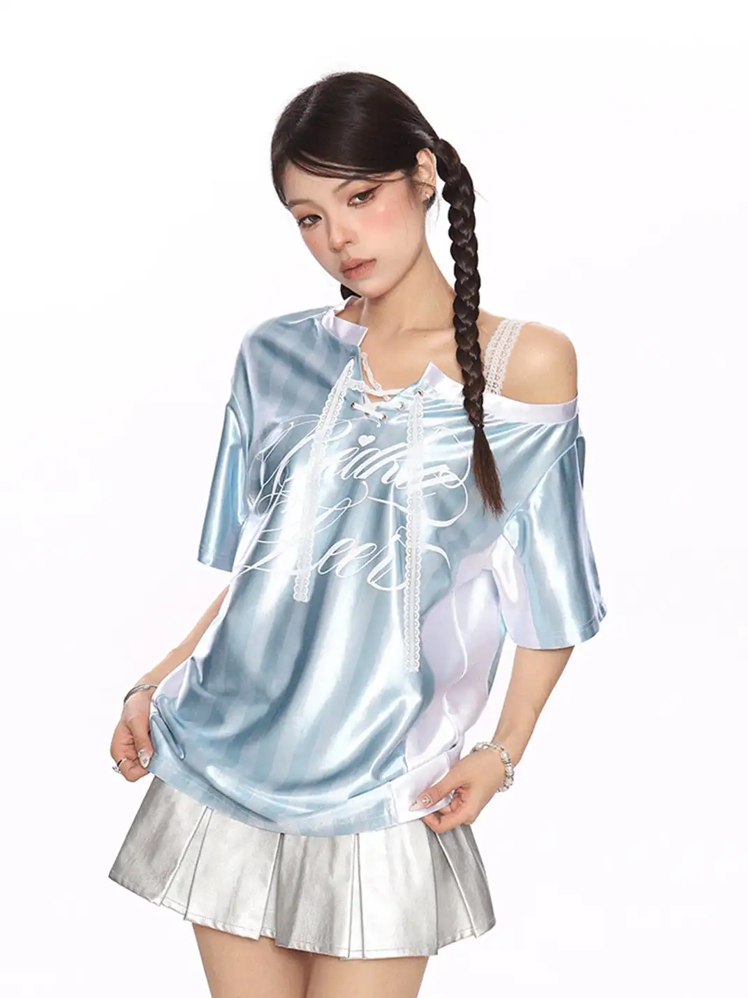BIGGOLD | Lace Spliced Striped Asymmetrical Shoulder T-Shirt