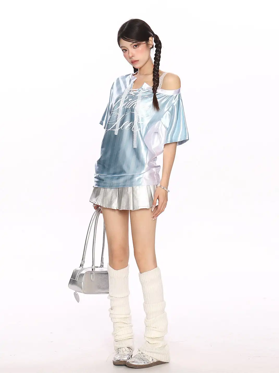 BIGGOLD | Lace Spliced Striped Asymmetrical Shoulder T-Shirt