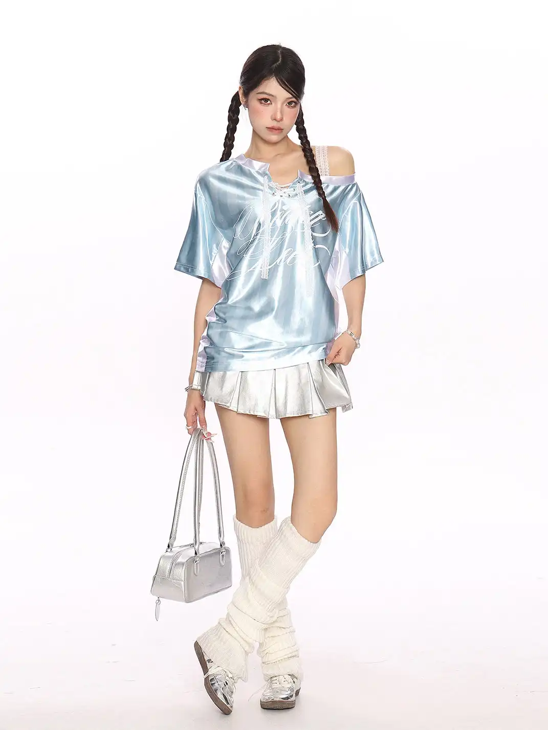 BIGGOLD | Lace Spliced Striped Asymmetrical Shoulder T-Shirt