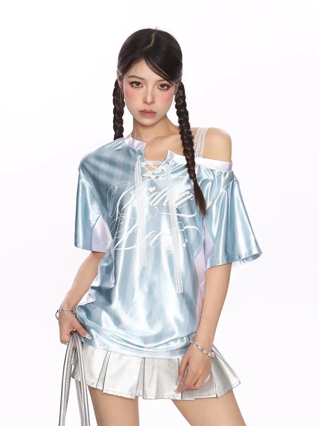BIGGOLD | Lace Spliced Striped Asymmetrical Shoulder T-Shirt
