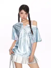 BIGGOLD | Lace Spliced Striped Asymmetrical Shoulder T-Shirt