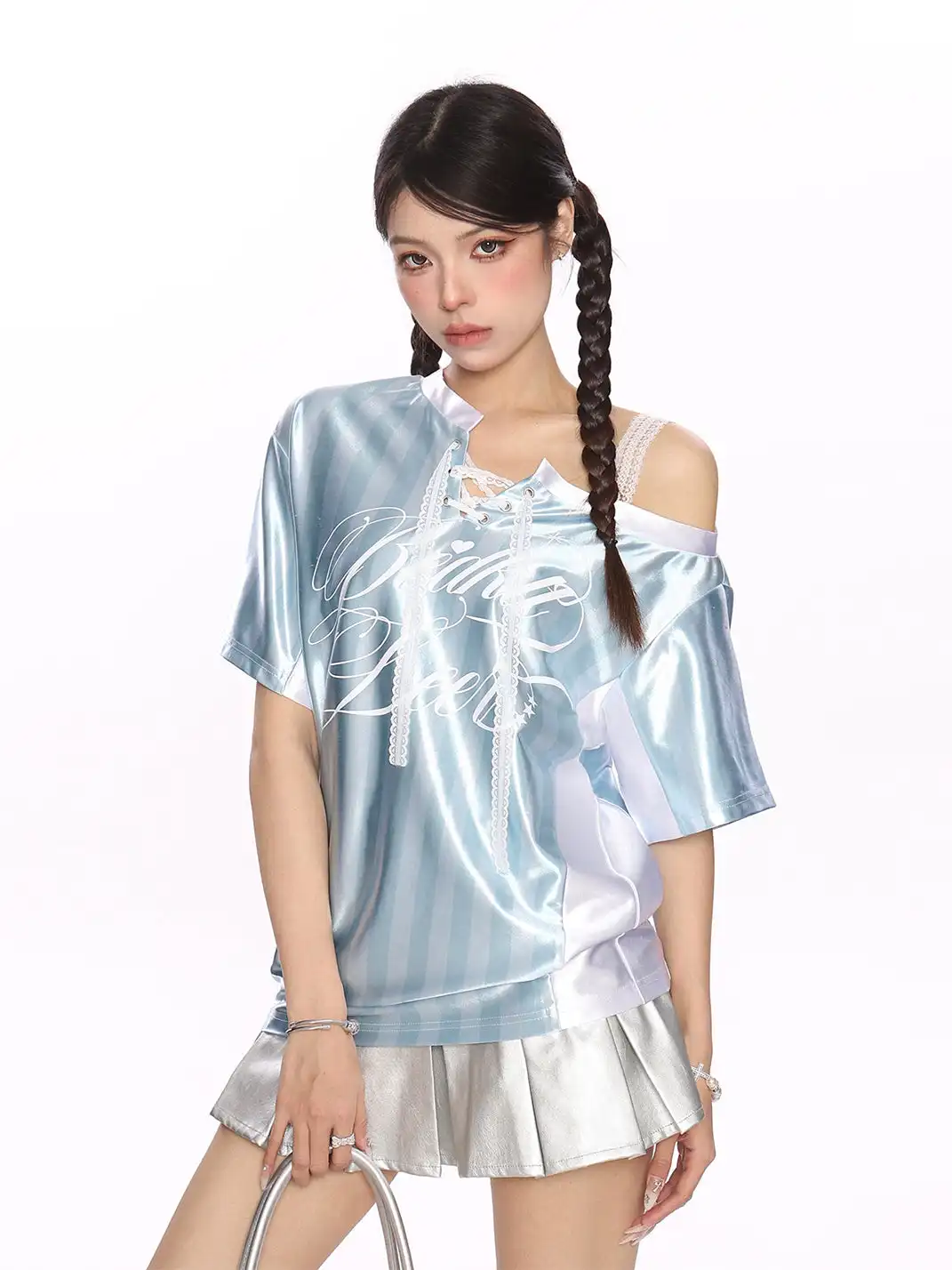 BIGGOLD | Lace Spliced Striped Asymmetrical Shoulder T-Shirt
