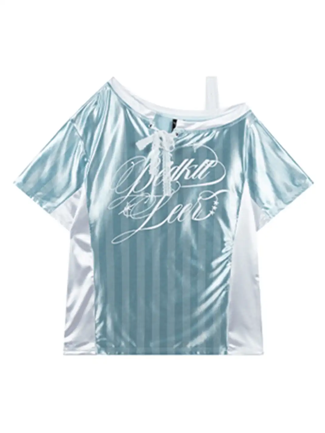 BIGGOLD | Lace Spliced Striped Asymmetrical Shoulder T-Shirt