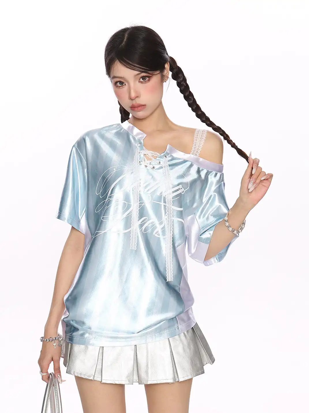 BIGGOLD | Lace Spliced Striped Asymmetrical Shoulder T-Shirt