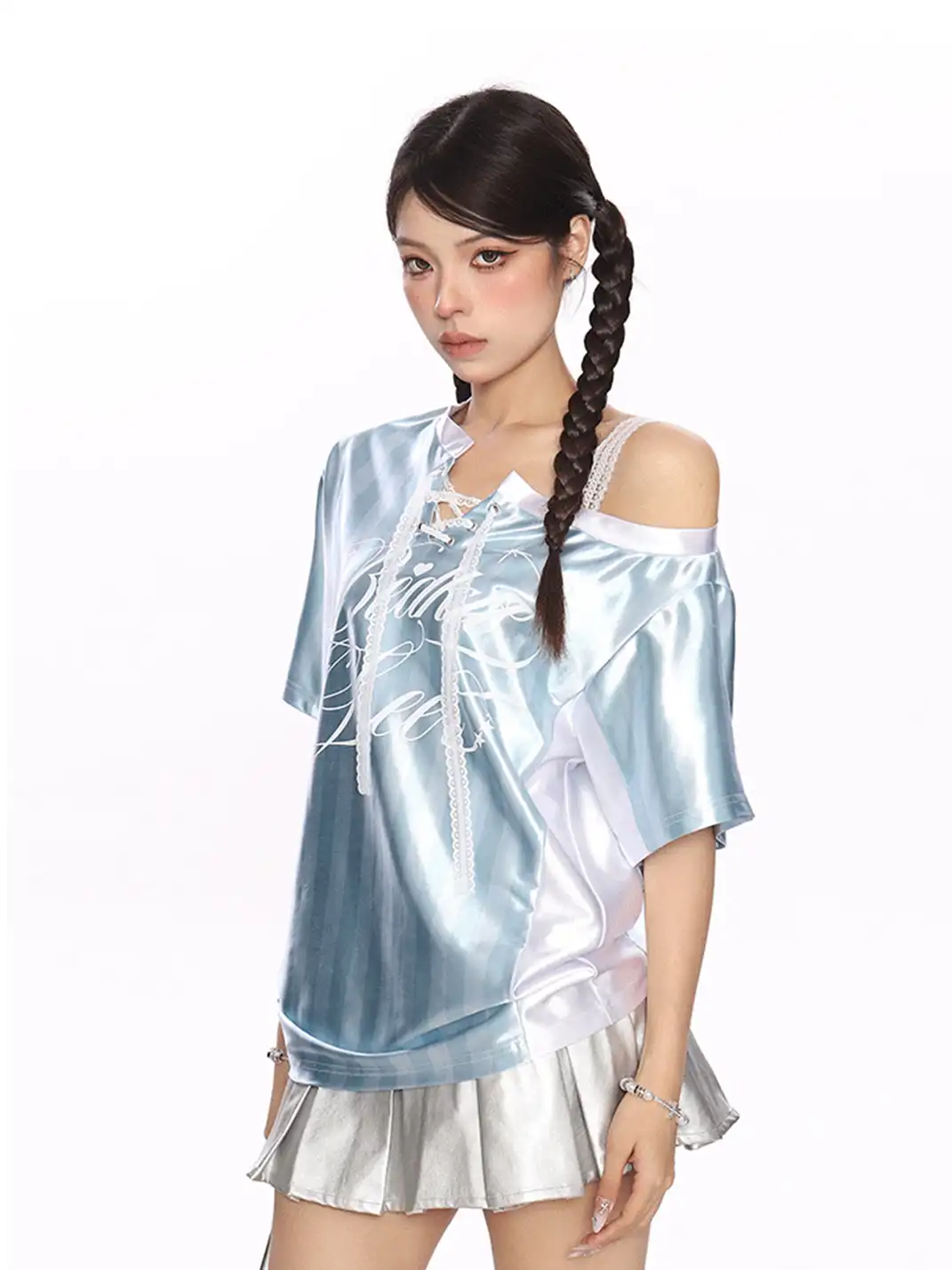 BIGGOLD | Lace Spliced Striped Asymmetrical Shoulder T-Shirt