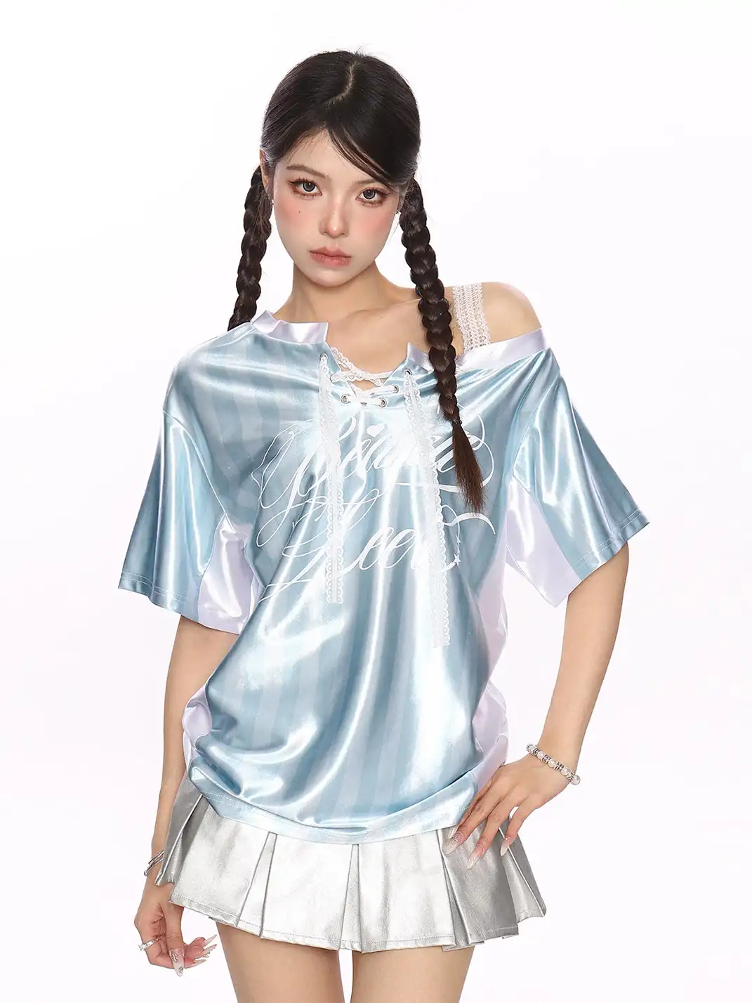 BIGGOLD | Lace Spliced Striped Asymmetrical Shoulder T-Shirt