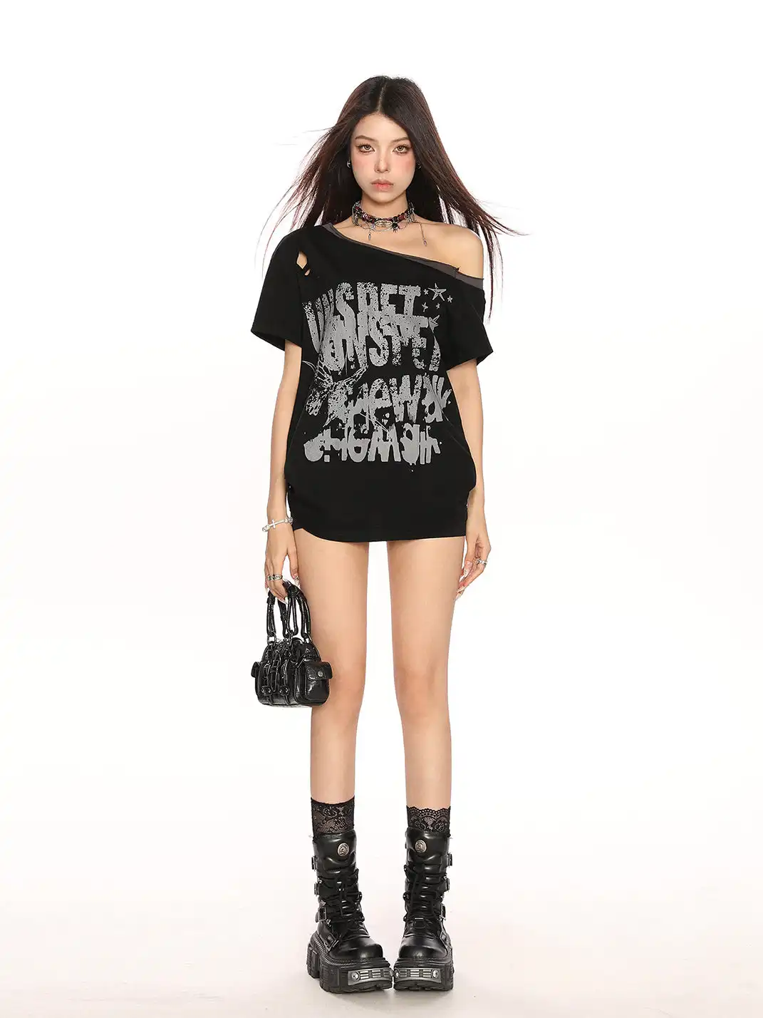 BIGGOLD | Graffiti Ripped Asymmetrical Shoulder T-Shirt