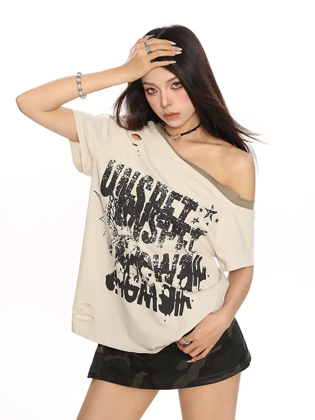 BIGGOLD | Graffiti Ripped Asymmetrical Shoulder T-Shirt