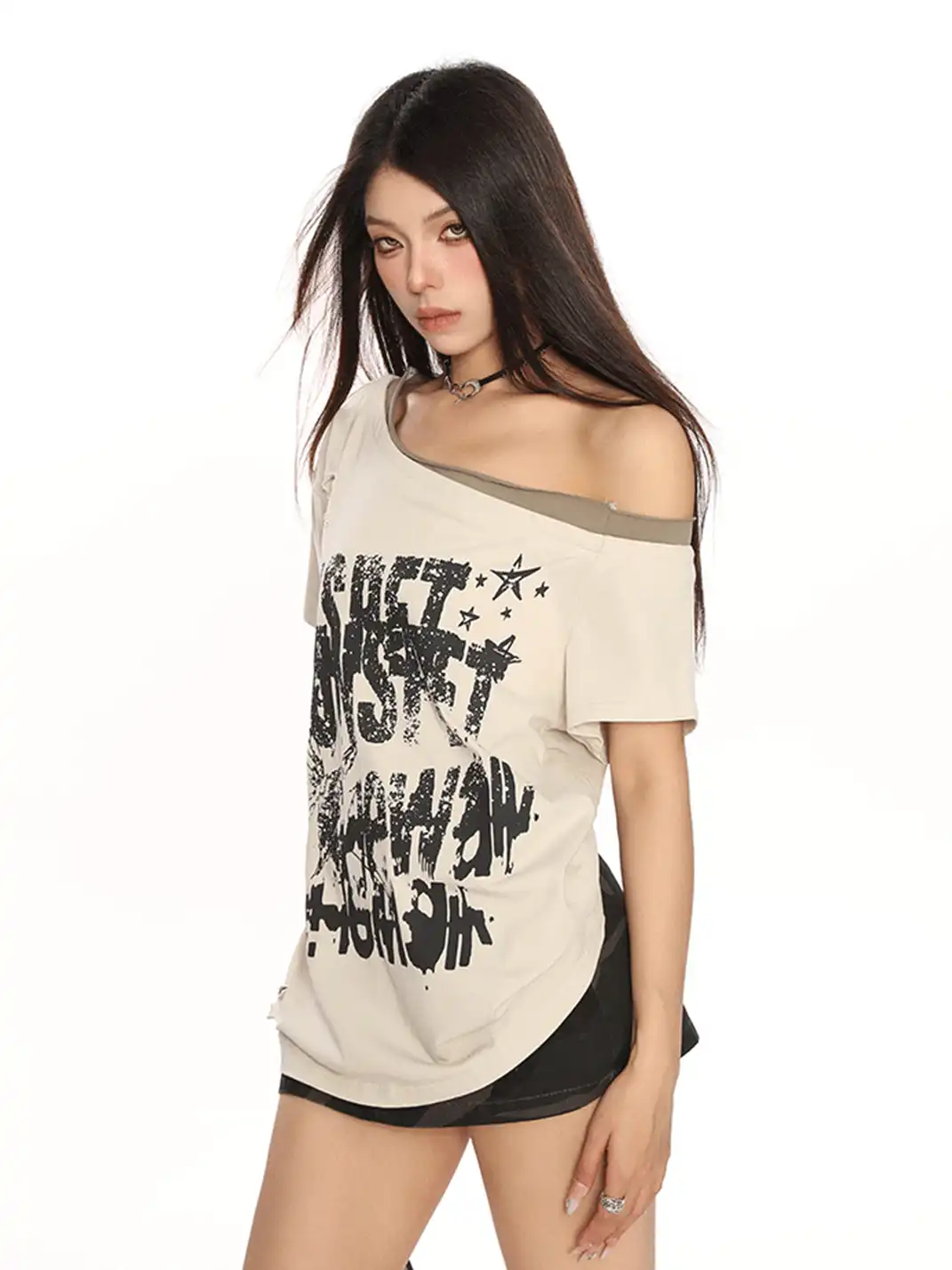 BIGGOLD | Graffiti Ripped Asymmetrical Shoulder T-Shirt