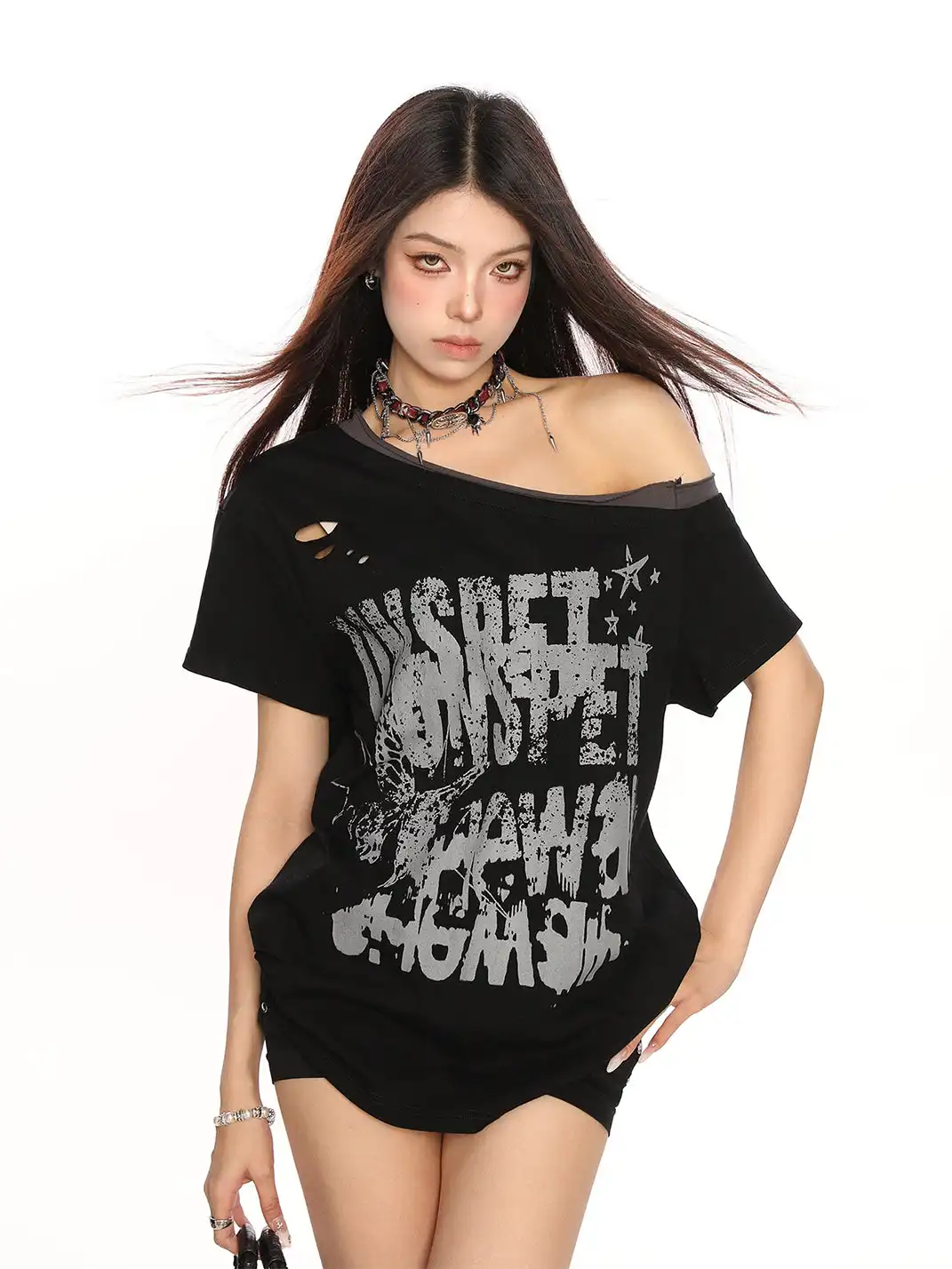 BIGGOLD | Graffiti Ripped Asymmetrical Shoulder T-Shirt