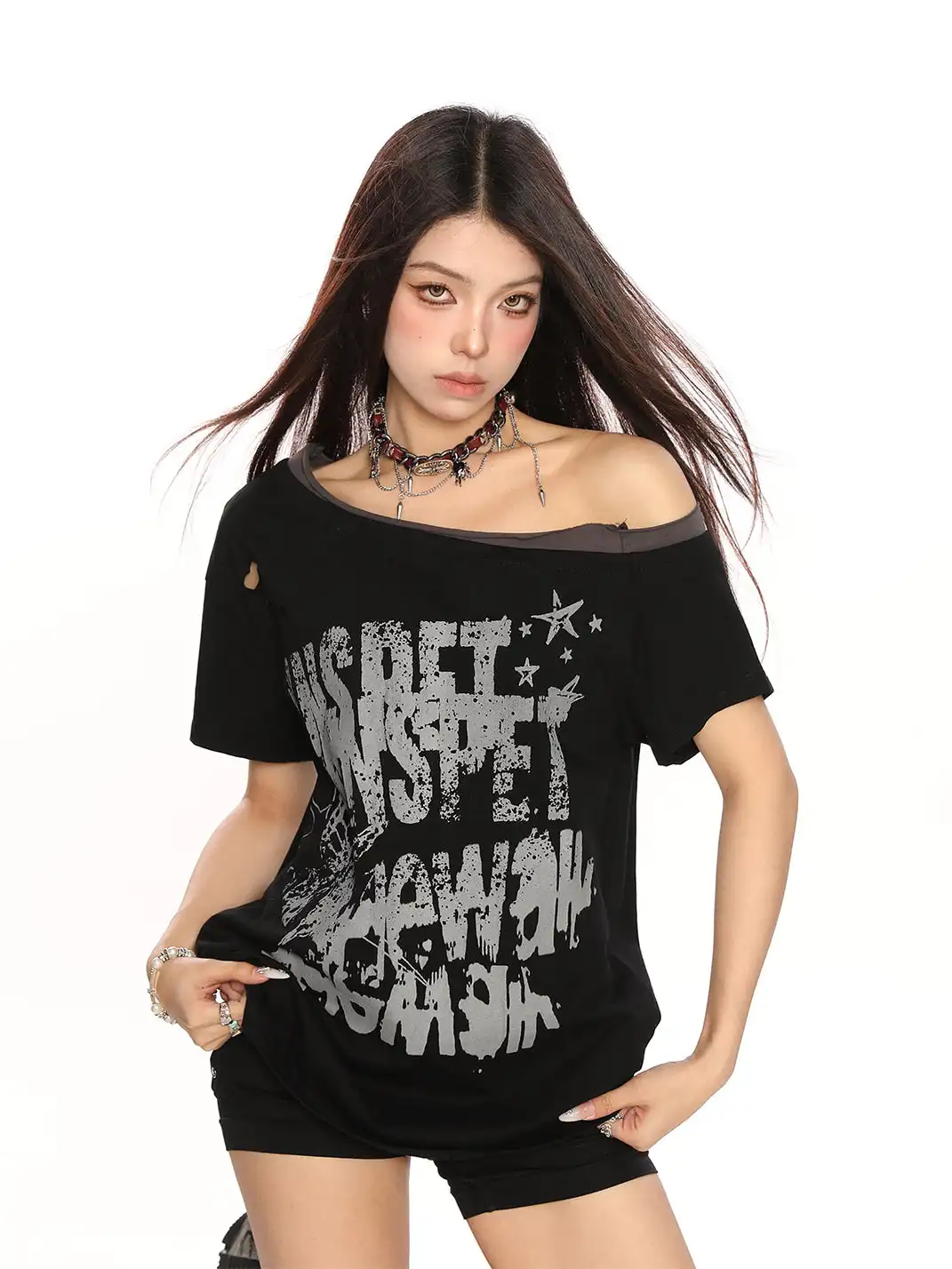 BIGGOLD | Graffiti Ripped Asymmetrical Shoulder T-Shirt