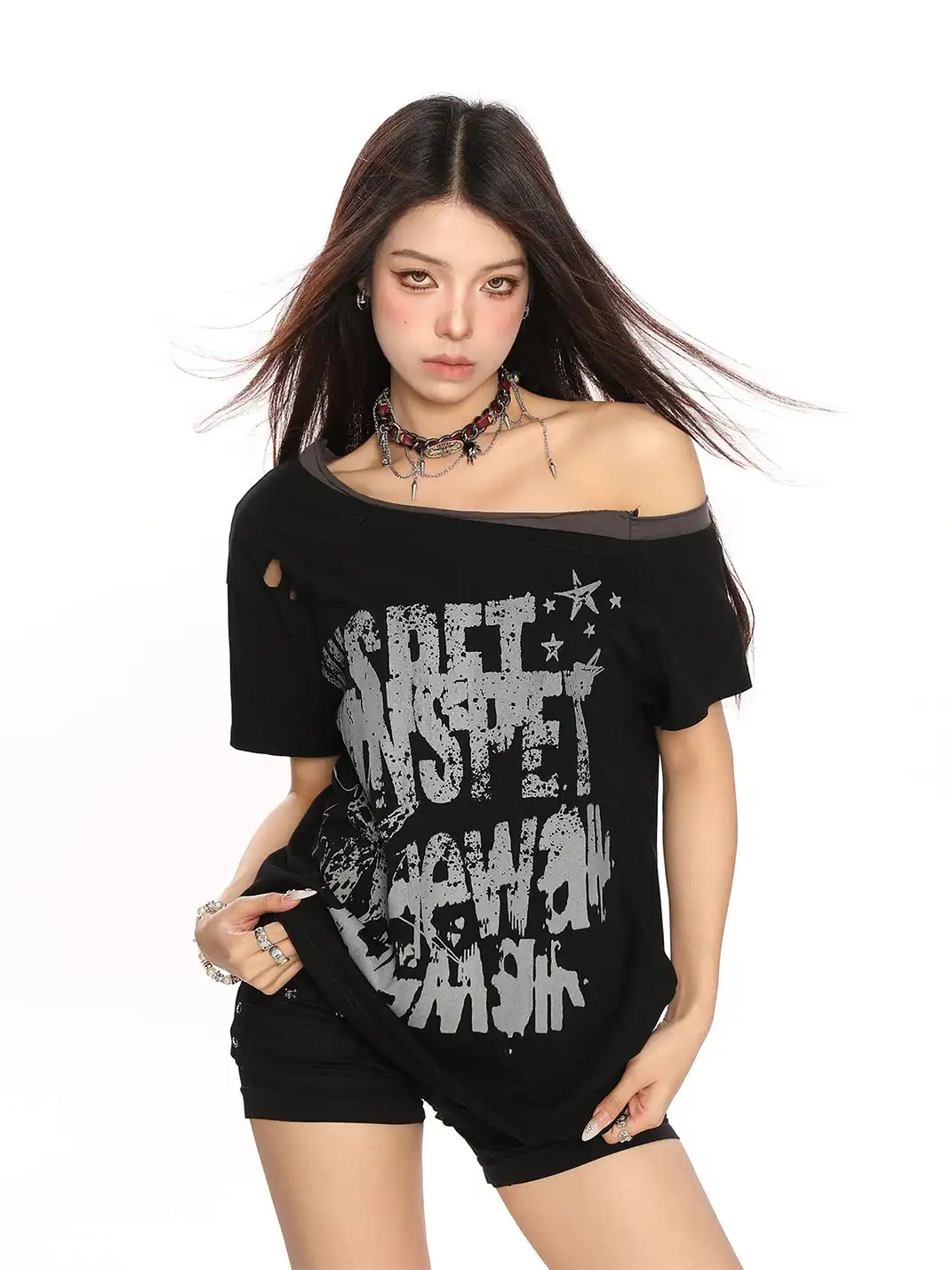 BIGGOLD | Graffiti Ripped Asymmetrical Shoulder T-Shirt