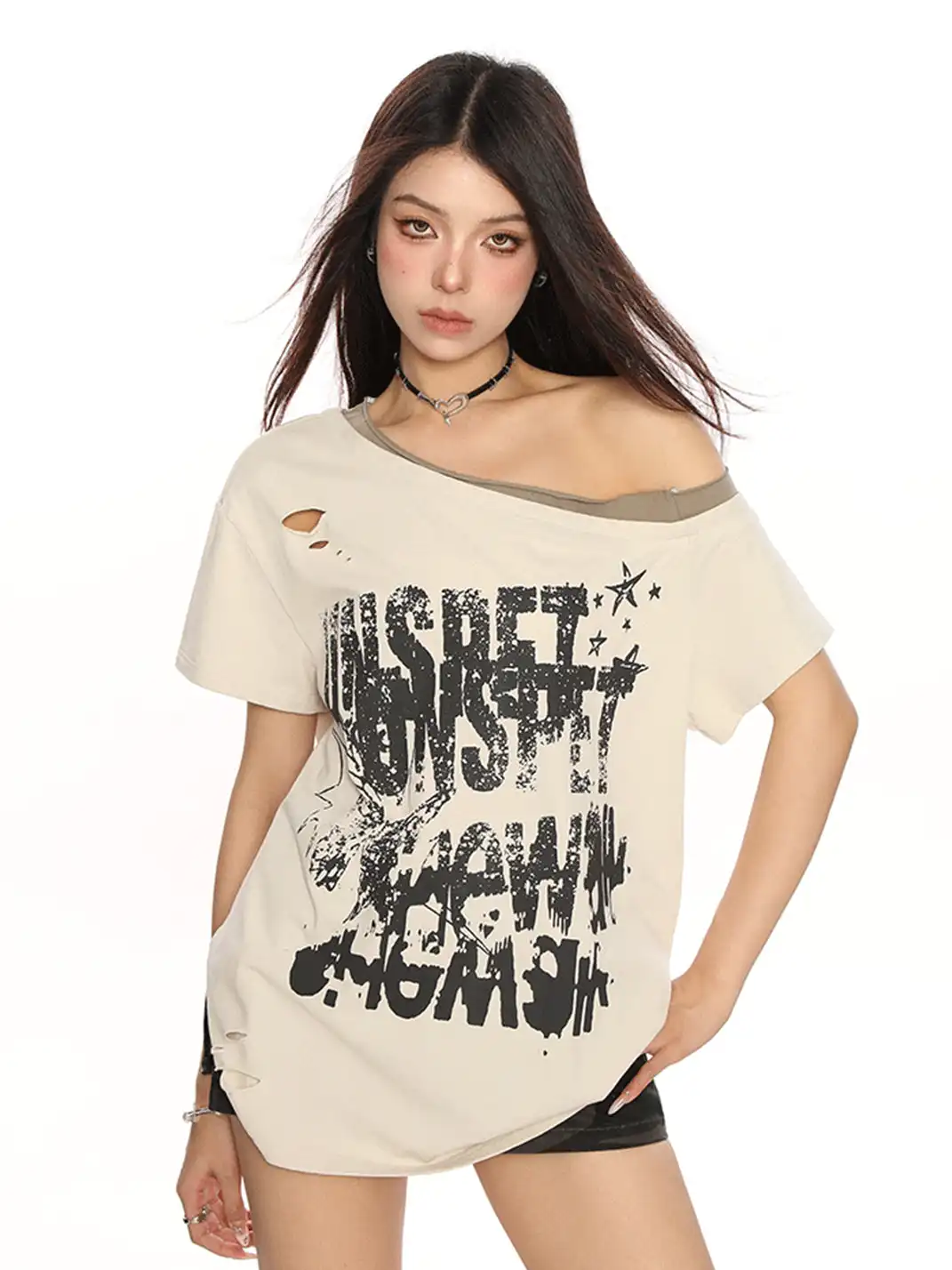 BIGGOLD | Graffiti Ripped Asymmetrical Shoulder T-Shirt