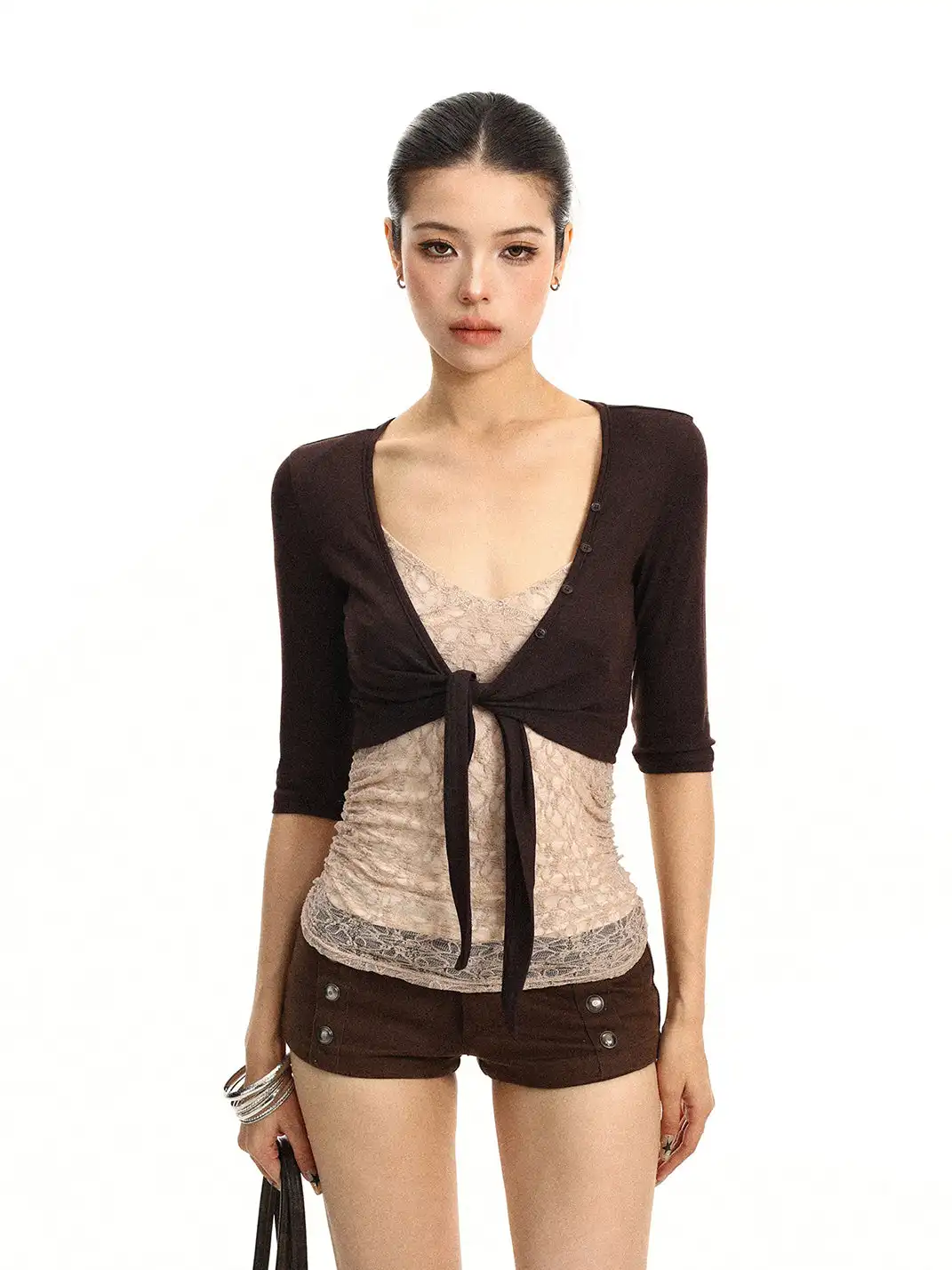 BIGGOLD | Lace-up Cardigan Three-Quarter Sleeve Layered Top